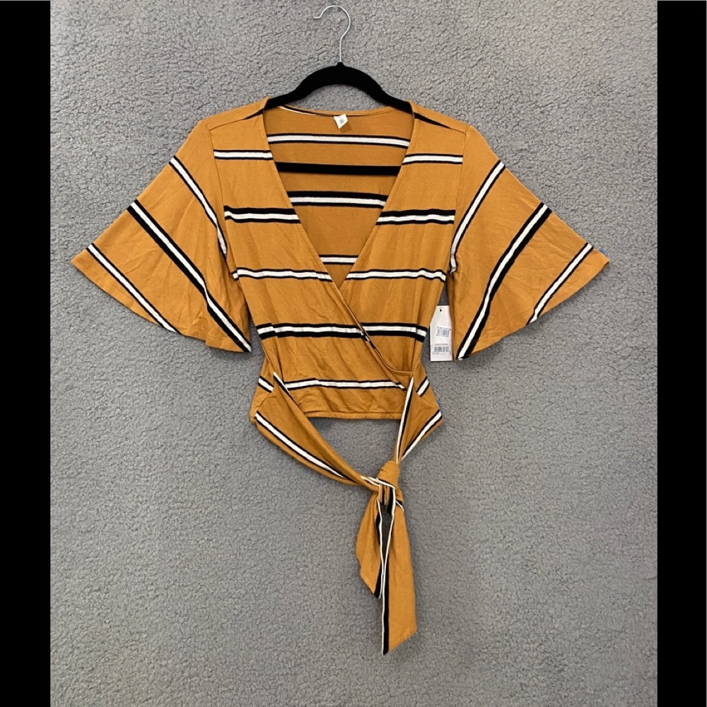 Nordstrom BP Brand Yellow  Striped Short Sleeve Side Tie Shirt Top Size S NWT